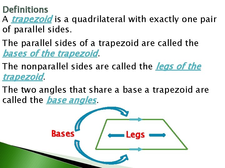 Definitions A trapezoid is a quadrilateral with exactly one pair of parallel sides. The