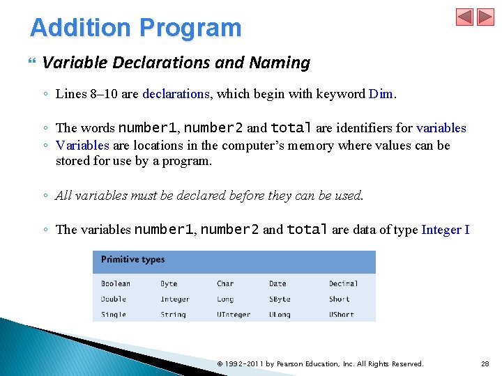 Addition Program Variable Declarations and Naming ◦ Lines 8– 10 are declarations, which begin