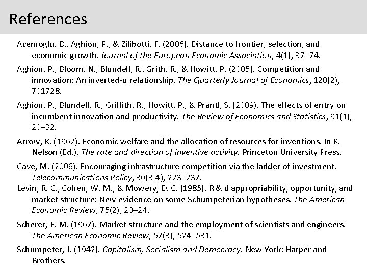 References Acemoglu, D. , Aghion, P. , & Zilibotti, F. (2006). Distance to frontier,