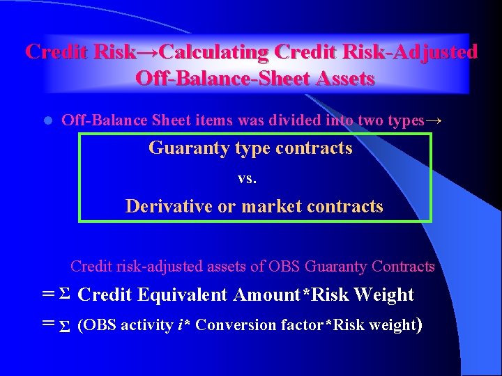 Credit Risk→Calculating Credit Risk-Adjusted Off-Balance-Sheet Assets l Off-Balance Sheet items was divided into two
