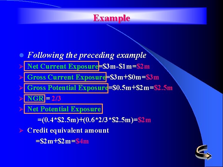 Example l Following the preceding example Ø Net Current Exposure=$3 m-$1 m=$2 m Gross