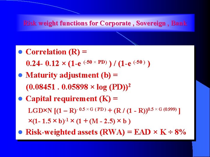 Risk weight functions for Corporate , Sovereign , Bank Correlation (R) = 0. 24