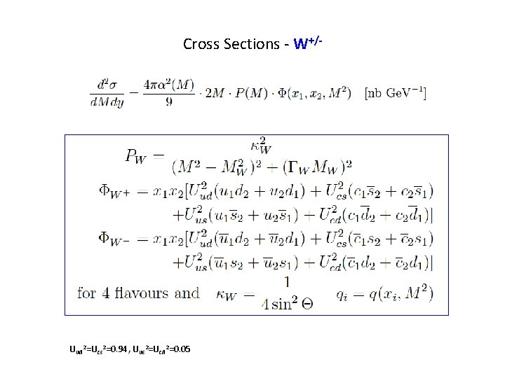 Cross Sections - W+/- Uud 2=Ucs 2=0. 94, Uus 2=Ucd 2=0. 05 
