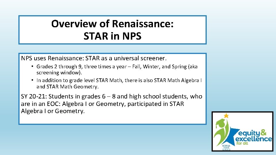 Overview of Renaissance: STAR in NPS uses Renaissance: STAR as a universal screener. •