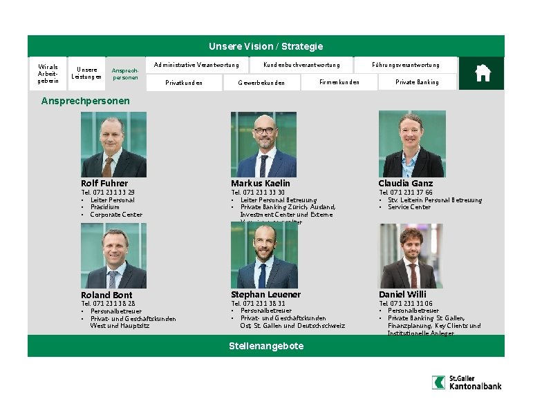 Unsere Vision / Strategie Wir als Arbeitgeberin Unsere Leistungen Ansprechpersonen Administrative Verantwortung Privatkunden Kundenbuchverantwortung Unsere Vision / Strategie Wir als Arbeitgeberin Unsere Leistungen Ansprechpersonen Administrative Verantwortung Privatkunden Kundenbuchverantwortung