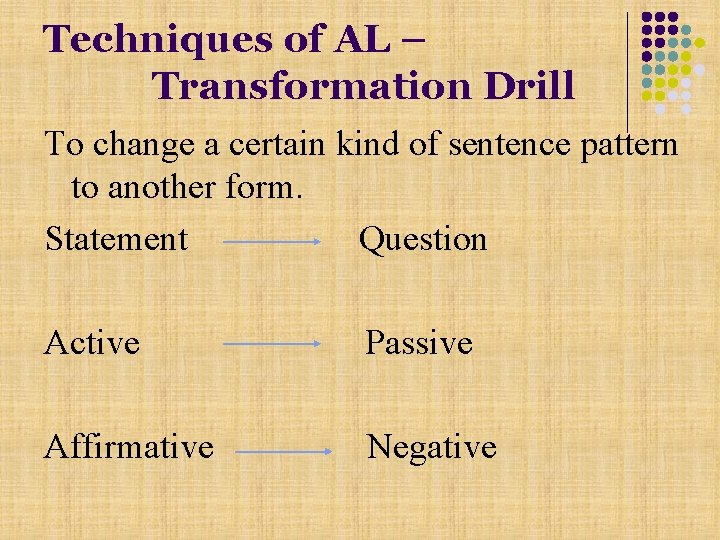 Techniques of AL – Transformation Drill To change a certain kind of sentence pattern