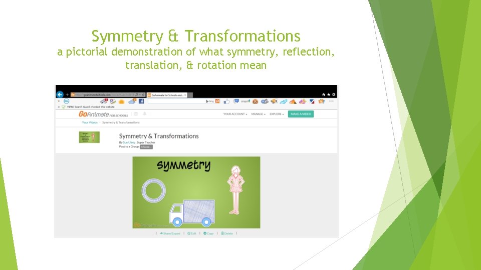 Symmetry & Transformations a pictorial demonstration of what symmetry, reflection, translation, & rotation mean