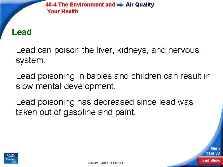 40 -4 The Environment and Your Health Air Quality Lead can poison the liver,