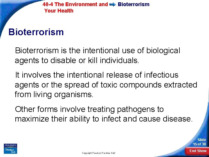 40 -4 The Environment and Your Health Bioterrorism is the intentional use of biological