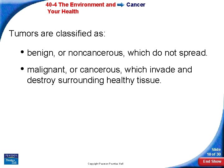 40 -4 The Environment and Your Health Cancer Tumors are classified as: • benign,