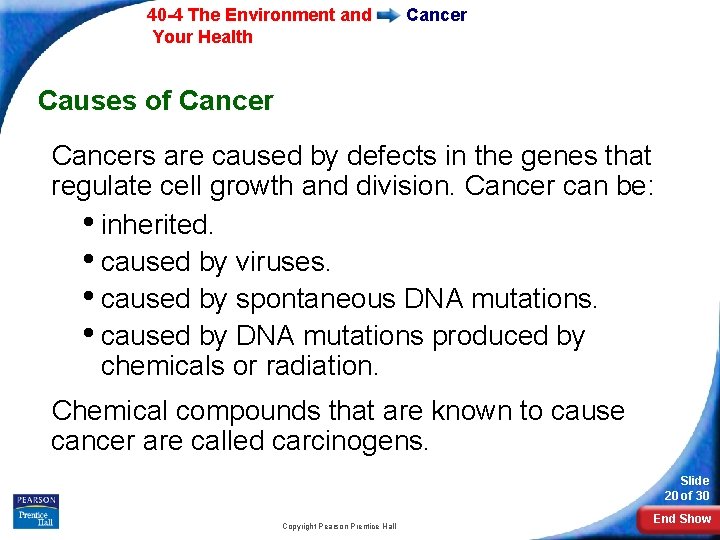 40 -4 The Environment and Your Health Cancer Causes of Cancers are caused by