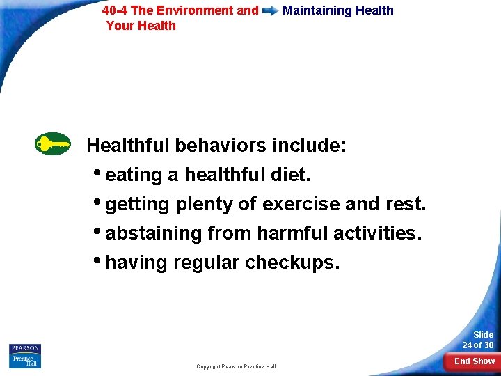 40 -4 The Environment and Your Health Maintaining Healthful behaviors include: • eating a