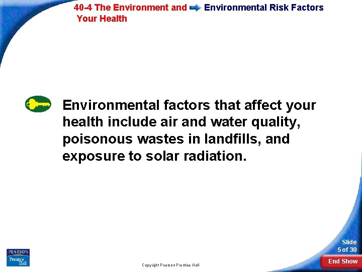 40 -4 The Environment and Your Health Environmental Risk Factors Environmental factors that affect