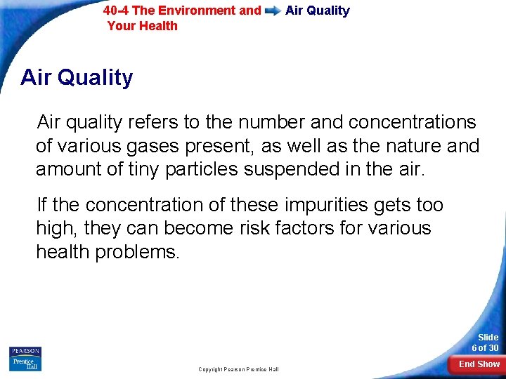 40 -4 The Environment and Your Health Air Quality Air quality refers to the