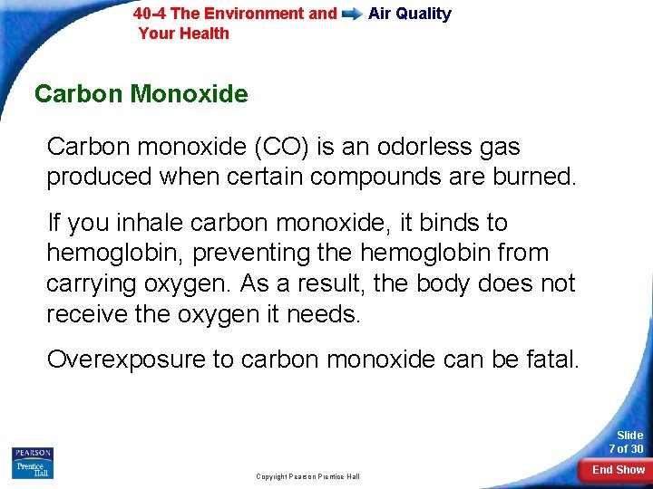 40 -4 The Environment and Your Health Air Quality Carbon Monoxide Carbon monoxide (CO)