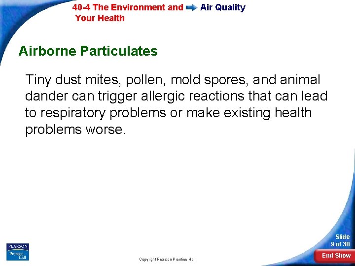 40 -4 The Environment and Your Health Air Quality Airborne Particulates Tiny dust mites,