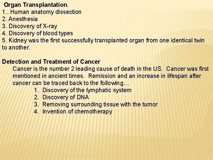 Organ Transplantation. 1. . Human anatomy dissection 2. Anesthesia 3. Discovery of X-ray 4.