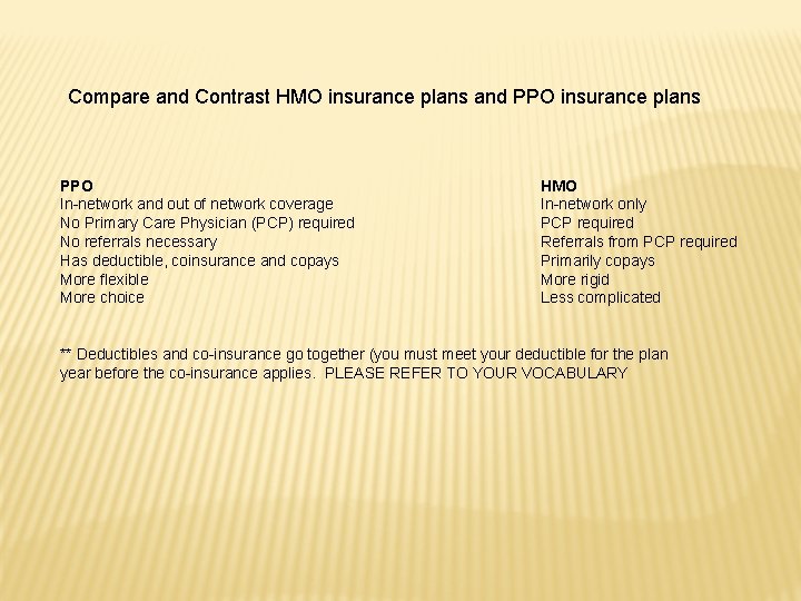 Compare and Contrast HMO insurance plans and PPO insurance plans PPO In-network and out