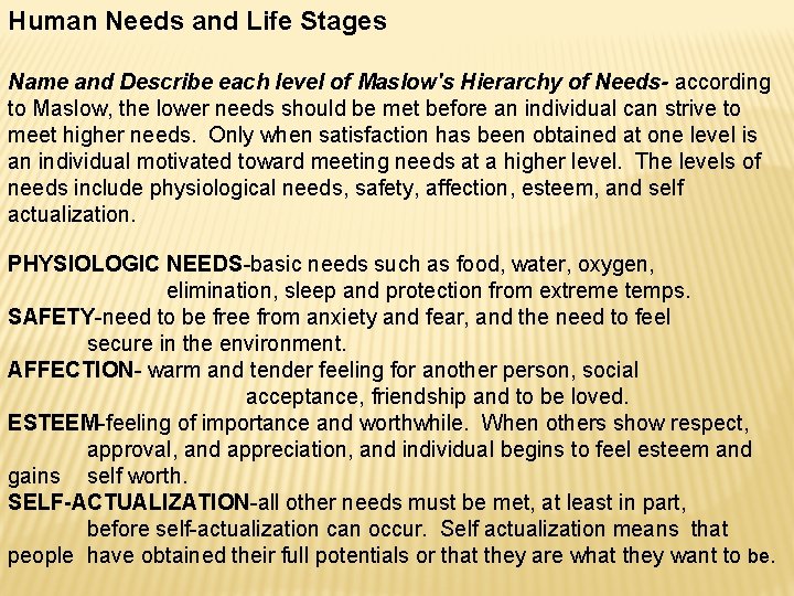 Human Needs and Life Stages Name and Describe each level of Maslow's Hierarchy of