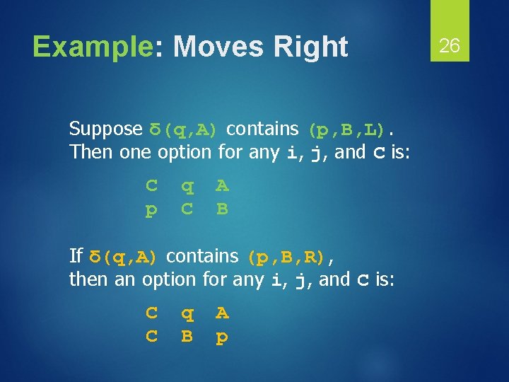 Example: Moves Right Suppose δ(q, A) contains (p, B, L). Then one option for