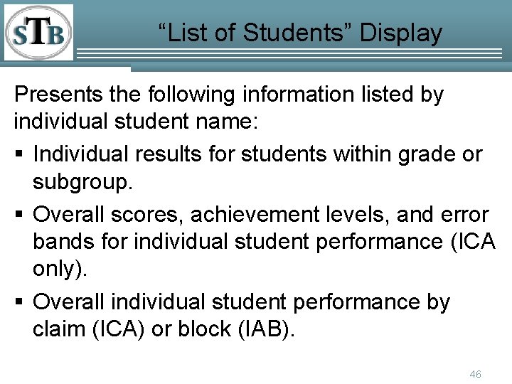 “List of Students” Display Presents the following information listed by individual student name: §