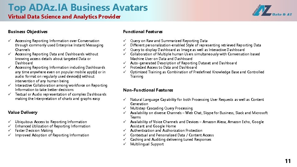 Top ADAz. IA Business Avatars Virtual Data Science and Analytics Provider Business Objectives ü