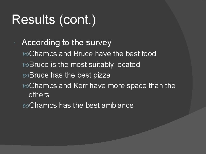 Results (cont. ) According to the survey Champs and Bruce have the best food