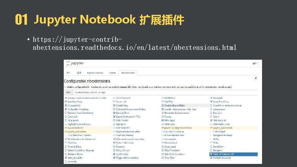 01 Jupyter Notebook 扩展插件 • https: //jupyter-contribnbextensions. readthedocs. io/en/latest/nbextensions. html 