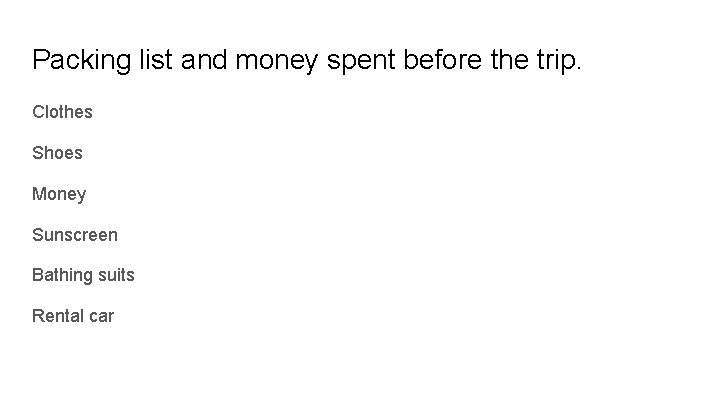 Packing list and money spent before the trip. Clothes Shoes Money Sunscreen Bathing suits
