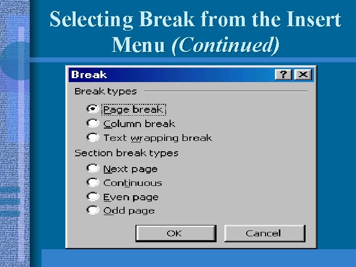 Selecting Break from the Insert Menu (Continued) 