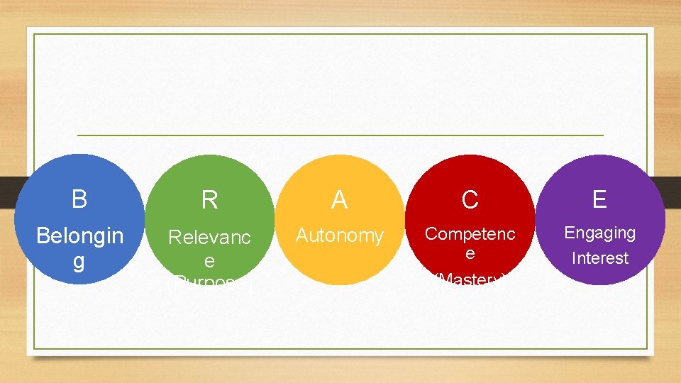 B R A C E Belongin g Relevanc e (Purpose) Autonomy Competenc e Engaging