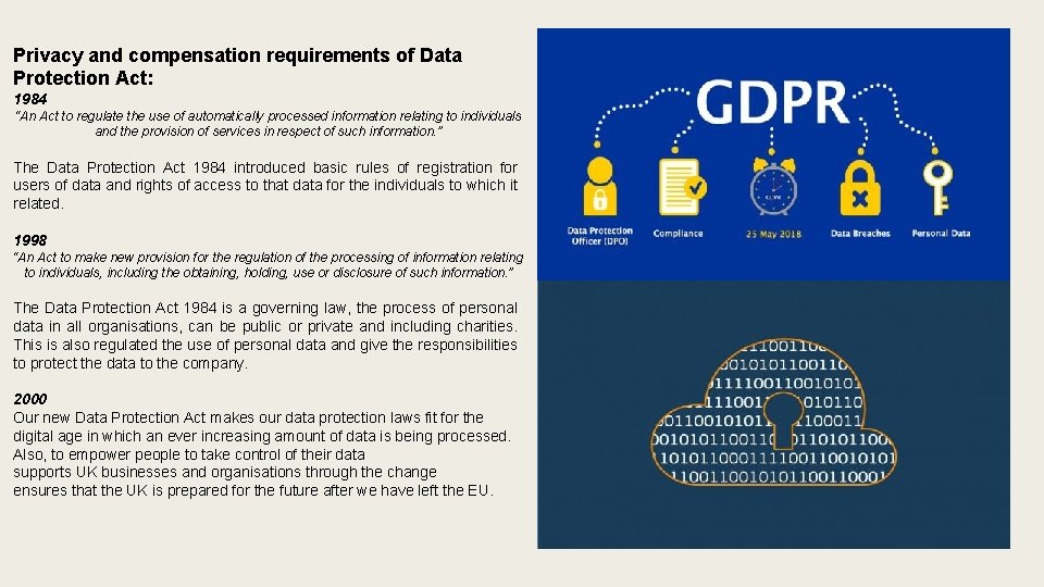 Privacy and compensation requirements of Data Protection Act: 1984 “An Act to regulate the