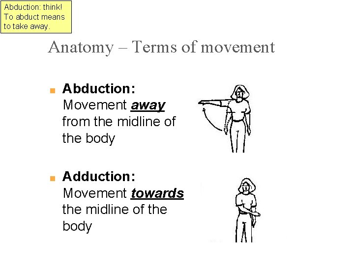 Abduction: think! To abduct means to take away. Anatomy – Terms of movement ■