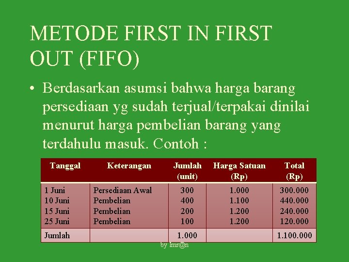 METODE FIRST IN FIRST OUT (FIFO) • Berdasarkan asumsi bahwa harga barang persediaan yg