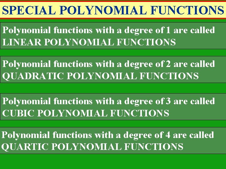 SPECIAL POLYNOMIAL FUNCTIONS Polynomial functions with a degree of 1 are called LINEAR POLYNOMIAL SPECIAL POLYNOMIAL FUNCTIONS Polynomial functions with a degree of 1 are called LINEAR POLYNOMIAL