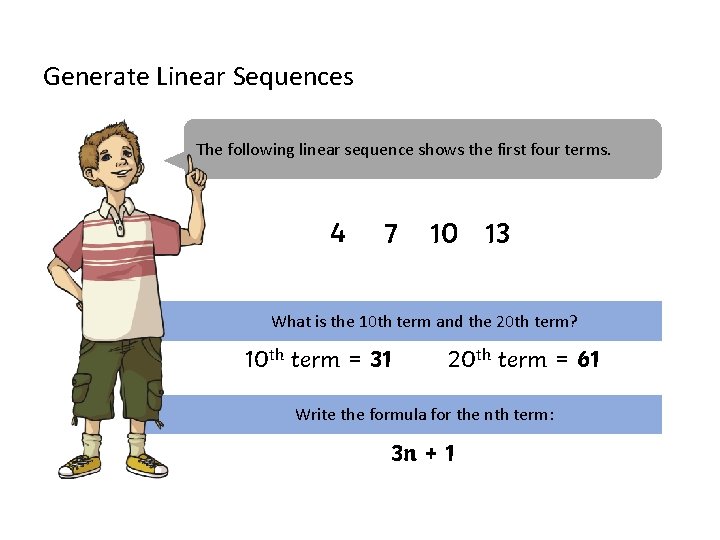 Generate Linear Sequences The following linear sequence shows the first four terms. 4 7