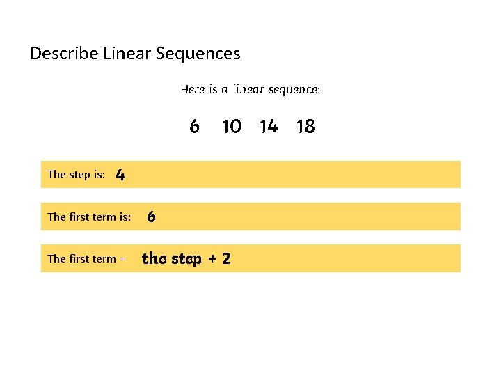 Describe Linear Sequences Here is a linear sequence: 6 The step is: 10 14