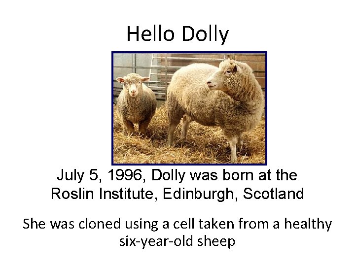 Hello Dolly July 5, 1996, Dolly was born at the Roslin Institute, Edinburgh, Scotland