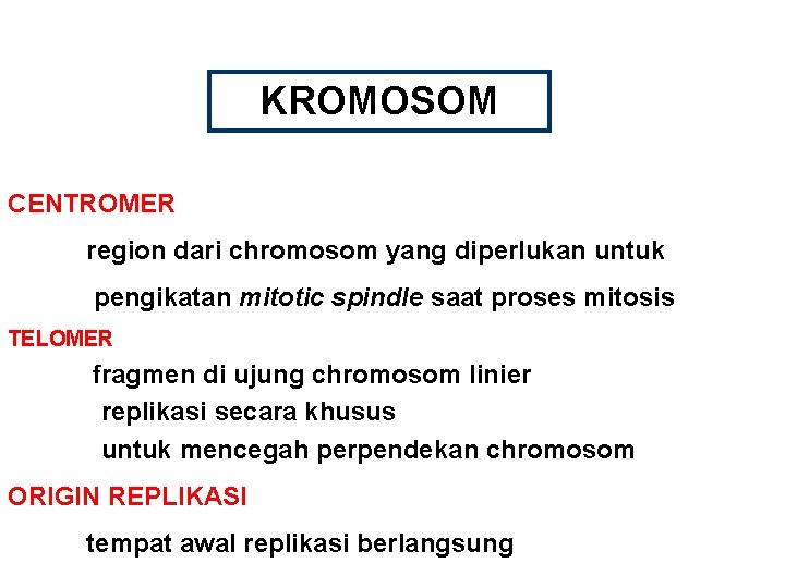 KROMOSOM CENTROMER region dari chromosom yang diperlukan untuk pengikatan mitotic spindle saat proses mitosis