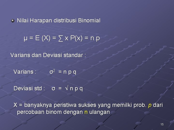Nilai Harapan distribusi Binomial μ = E (X) = ∑ x P(x) = n