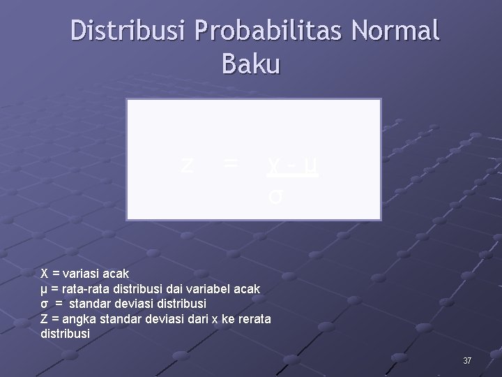 Distribusi Probabilitas Normal Baku z = χ-µ σ X = variasi acak µ =