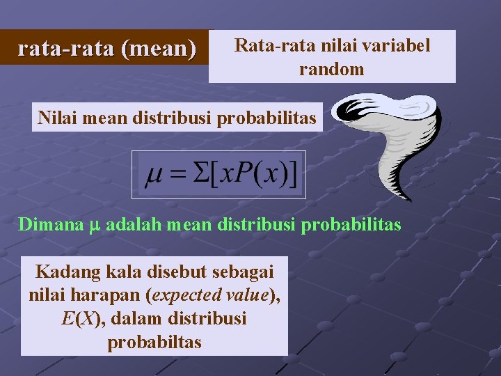 rata-rata (mean) Rata-rata nilai variabel random Nilai mean distribusi probabilitas Dimana m adalah mean