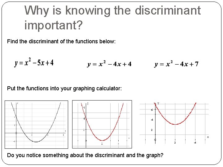 Why is knowing the discriminant important? Find the discriminant of the functions below: Put