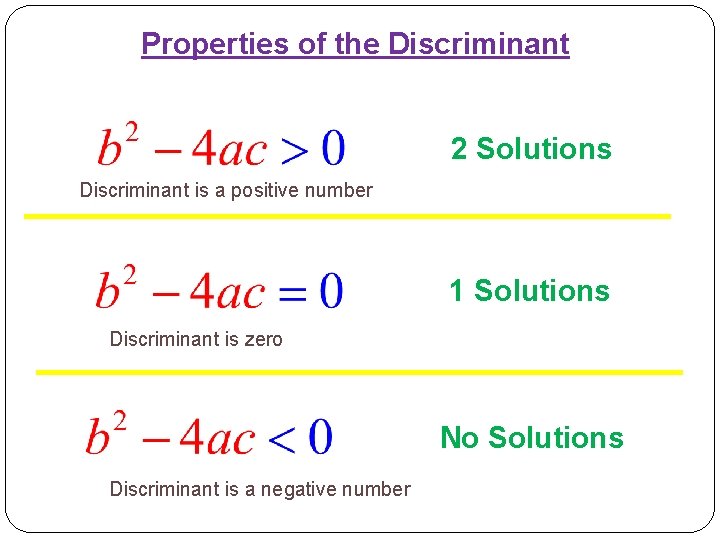 Properties of the Discriminant 2 Solutions Discriminant is a positive number 1 Solutions Discriminant