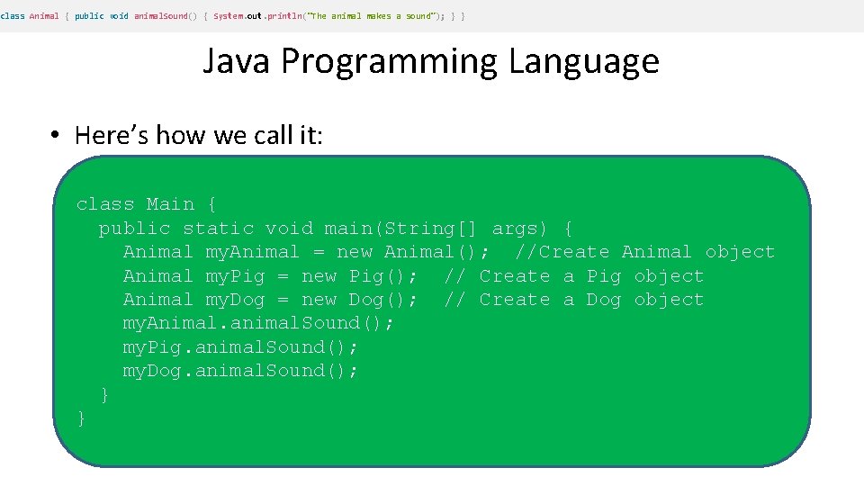 class Animal { public void animal. Sound() { System. out. println("The animal makes a class Animal { public void animal. Sound() { System. out. println("The animal makes a