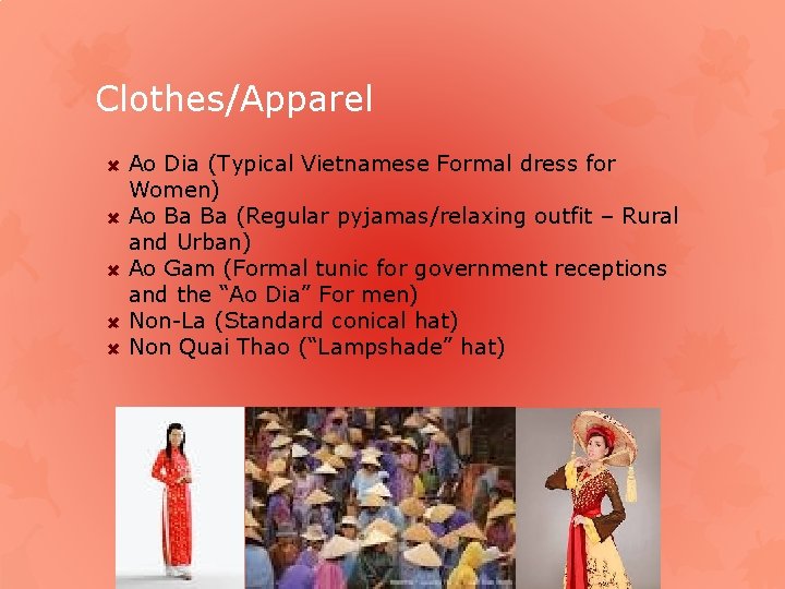 Clothes/Apparel Ao Dia (Typical Vietnamese Formal dress for Women) Ao Ba Ba (Regular pyjamas/relaxing