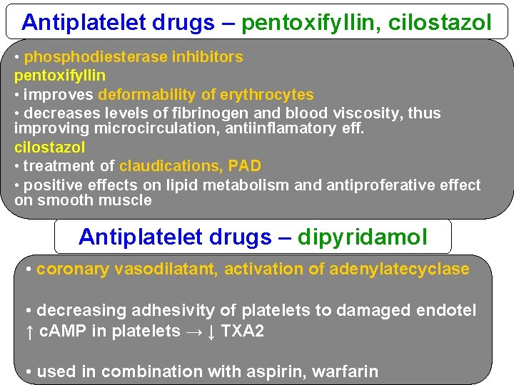 Antiplatelet drugs – pentoxifyllin, cilostazol • phosphodiesterase inhibitors pentoxifyllin • improves deformability of erythrocytes