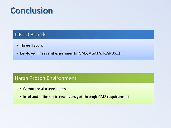 Conclusion LINCO Boards • Three flavors • Deployed in several experiments (CMS, AGATA, ICARUS…)