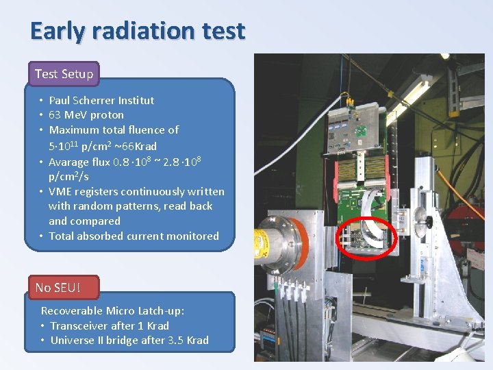 Early radiation test Test Setup • Paul Scherrer Institut • 63 Me. V proton