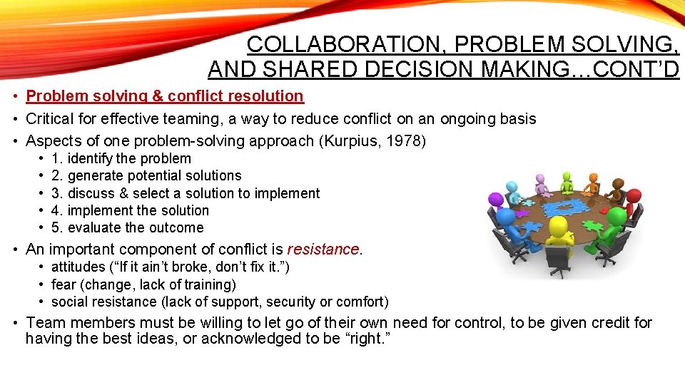 COLLABORATION, PROBLEM SOLVING, AND SHARED DECISION MAKING…CONT’D • Problem solving & conflict resolution •